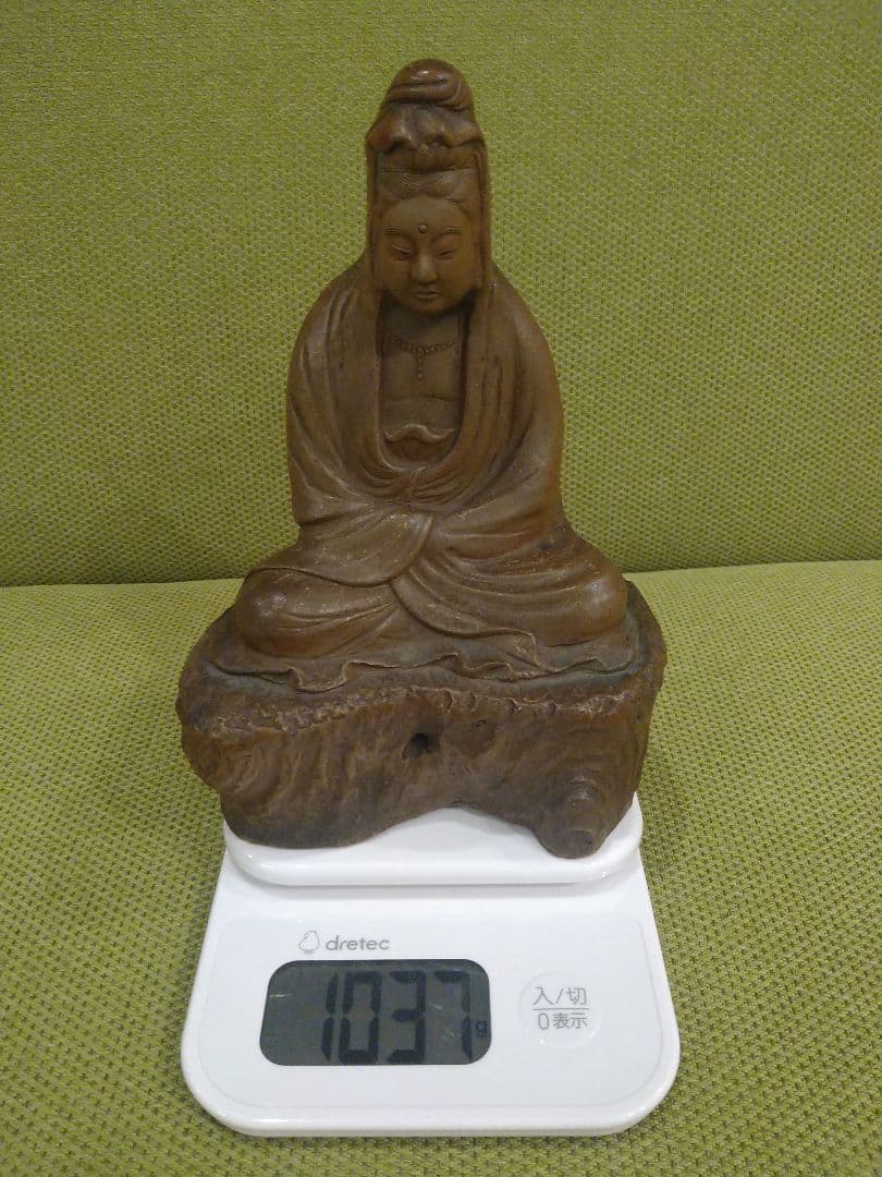 陶器製 仏像 座像、備前焼の観音様座像A1、№009、古い備前焼置物、希少品、