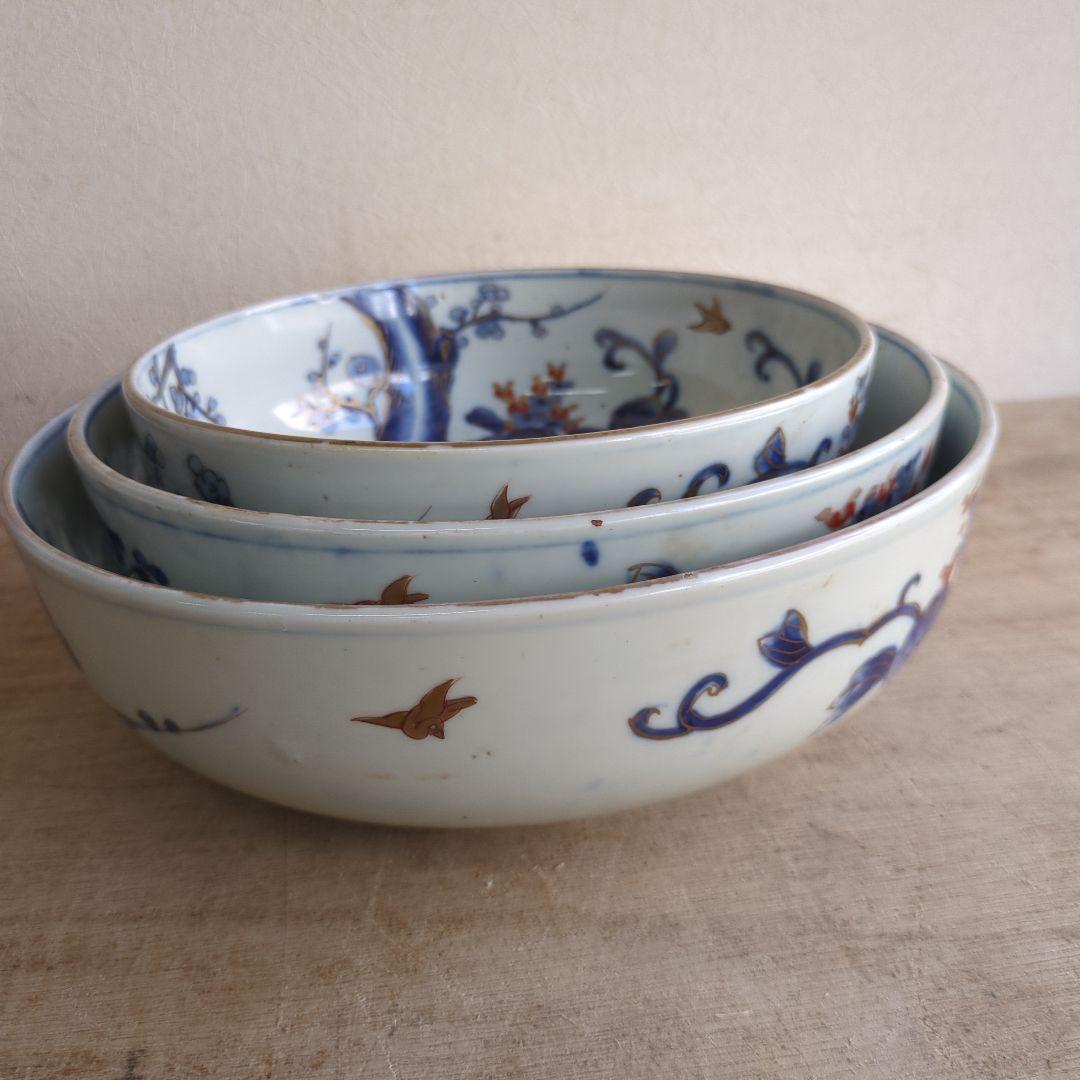 骨董 古伊万里 三っ丼 大中小 鉢 染め付け 花と鳥 二重高台 器
