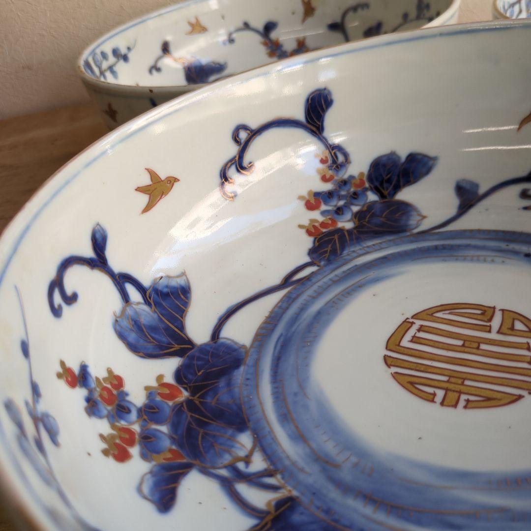 骨董 古伊万里 三っ丼 大中小 鉢 染め付け 花と鳥 二重高台 器