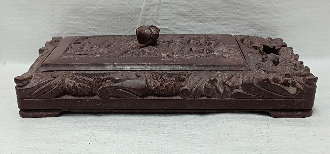 骨董品　大硯　雲龍彫刻　蓋付　書道具　3.45kg 中古品