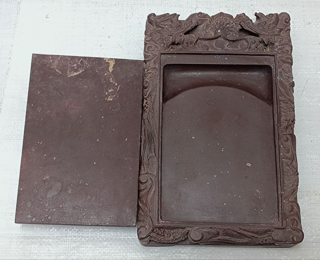 骨董品　大硯　雲龍彫刻　蓋付　書道具　3.45kg 中古品