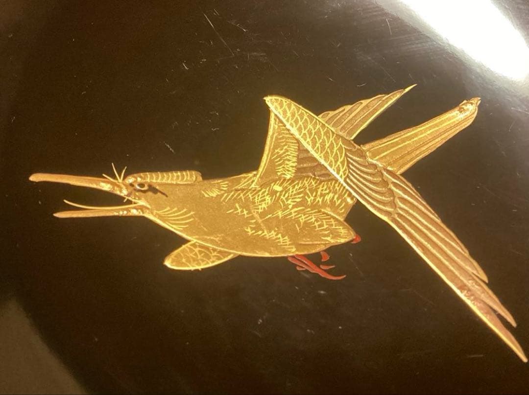 A915 木製輪島塗　黒塗　月に時鳥（ホトトギス）蒔絵　5客