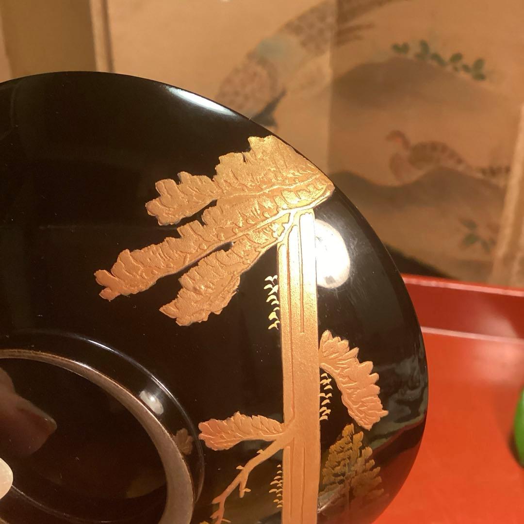 A915 木製輪島塗　黒塗　月に時鳥（ホトトギス）蒔絵　5客