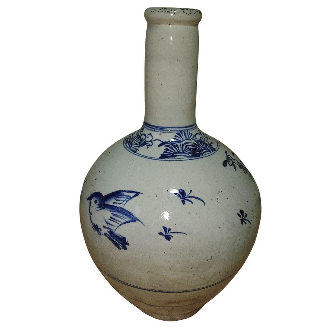 明治美術　越後豊栄　民窯大丘焼　四君子草花文染付徳利　高さ50cm