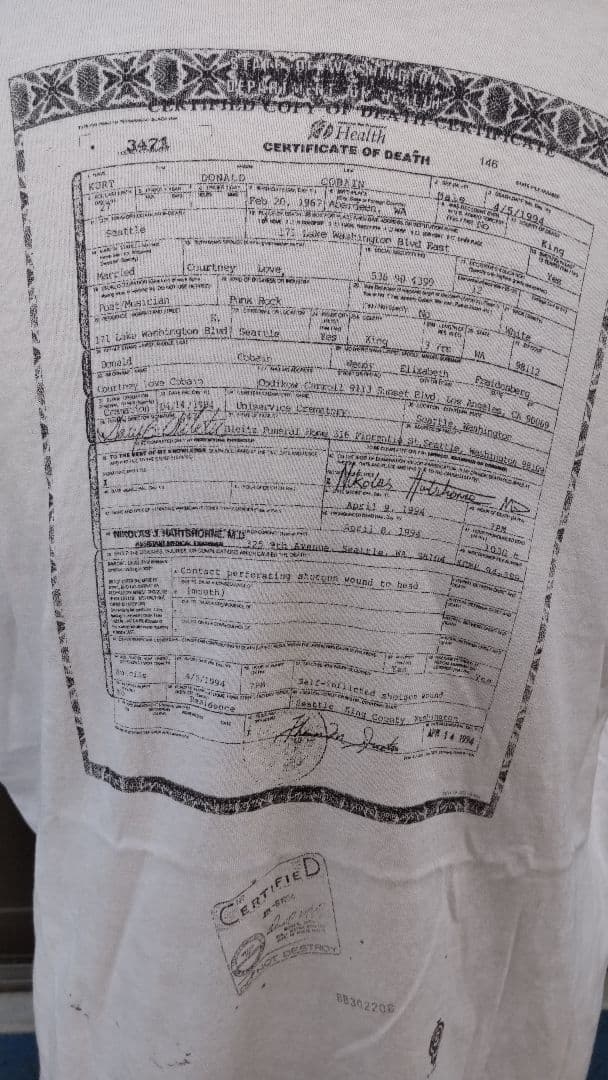 90‘s  Cobain カート・コバーン死亡診断書Tシャツ　サイズＬ
