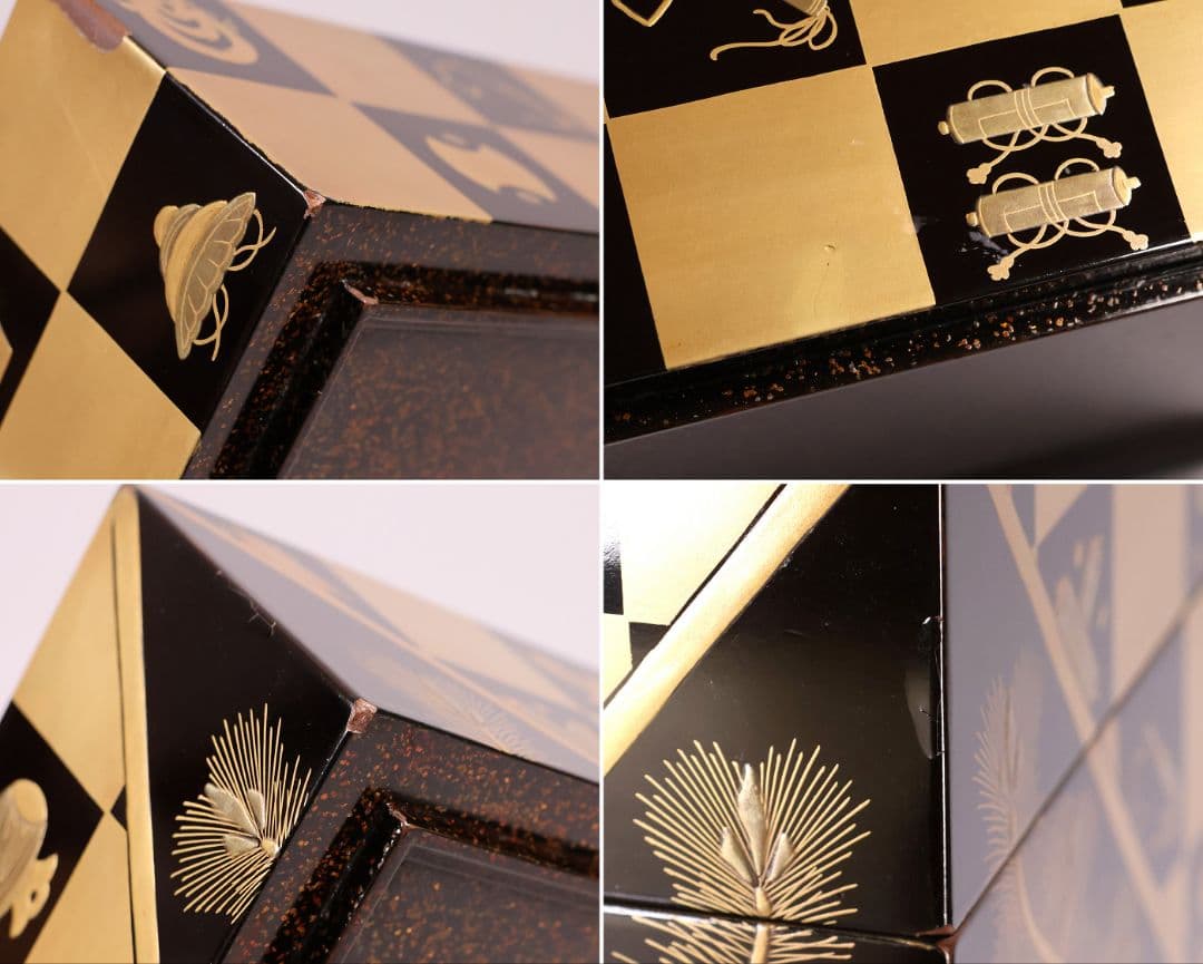 【MB209】時代物 市松に宝尽 松竹梅 金蒔絵 五段重箱 台付 天然木 漆塗