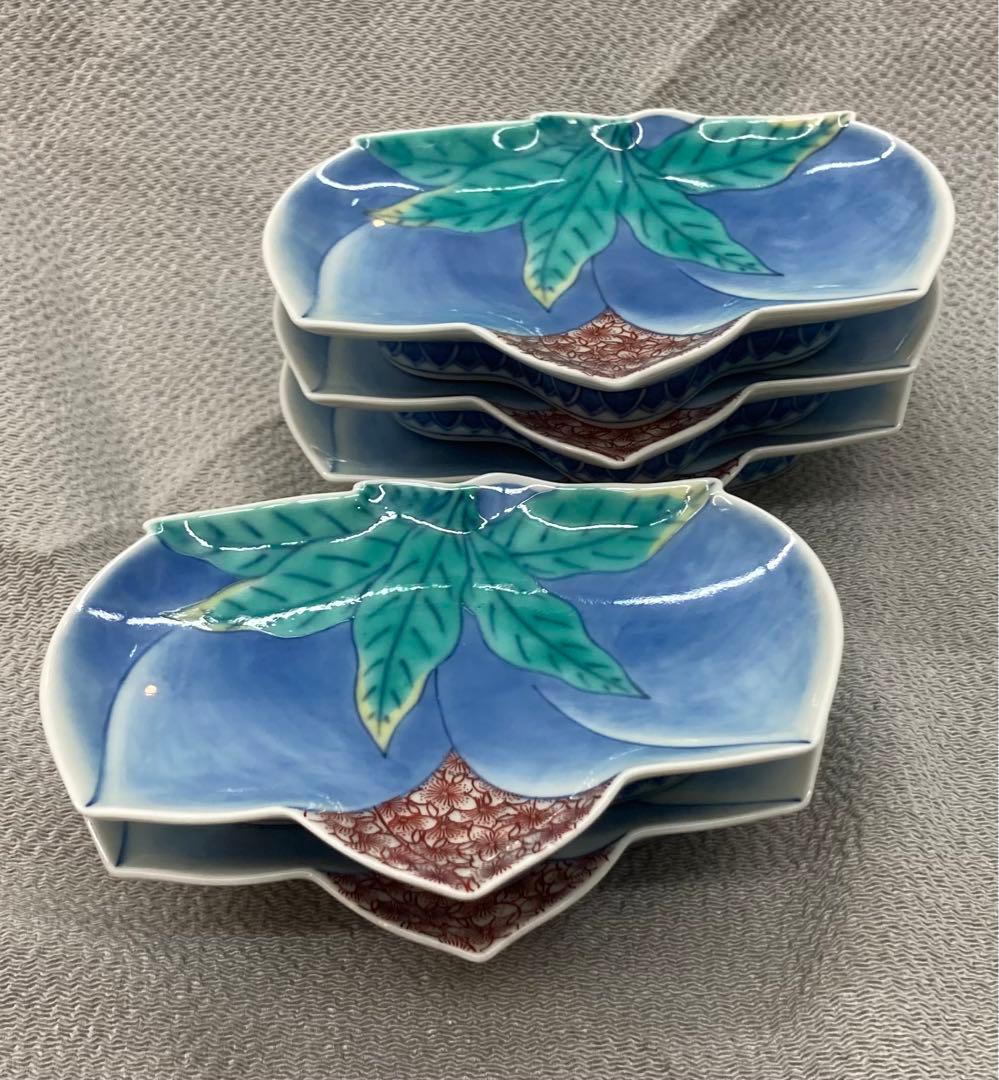 B100s  今泉今右衛門「色絵双桃変形小皿  5枚」  鍋島焼　箱無し　有田焼