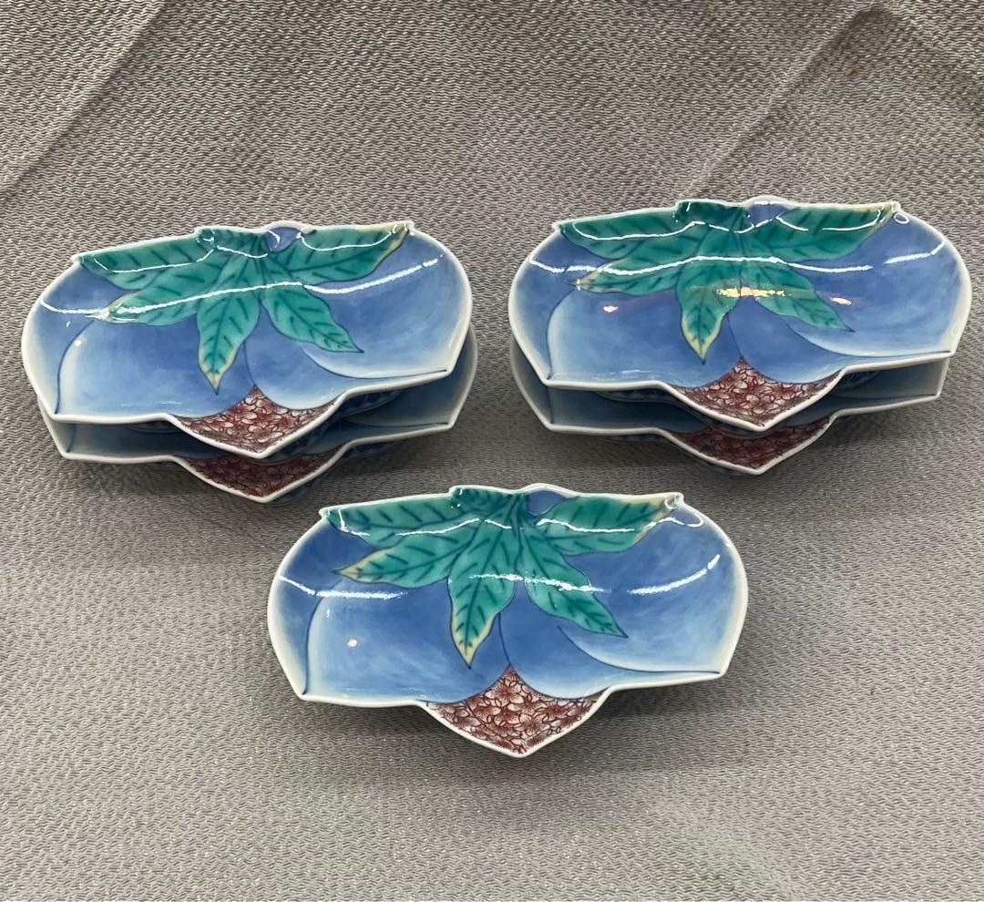 B100s  今泉今右衛門「色絵双桃変形小皿  5枚」  鍋島焼　箱無し　有田焼