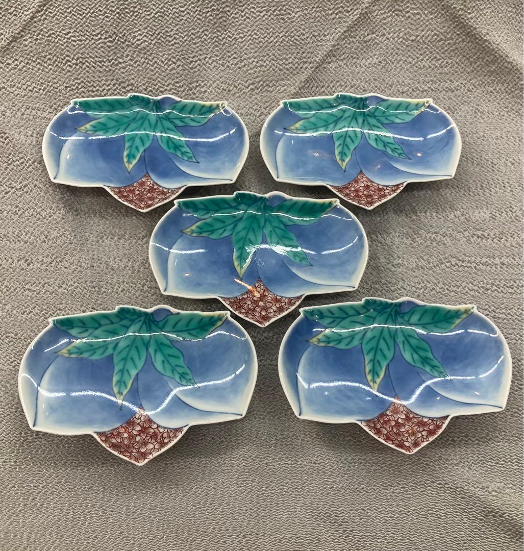 B100s  今泉今右衛門「色絵双桃変形小皿  5枚」  鍋島焼　箱無し　有田焼