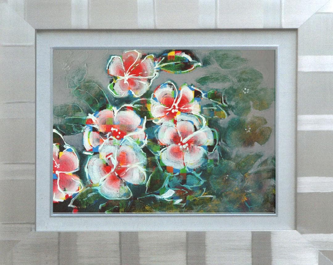 油絵 菅家令子 絵 絵画インテリア 額付(青緑＋金色の枠) F4-091216花