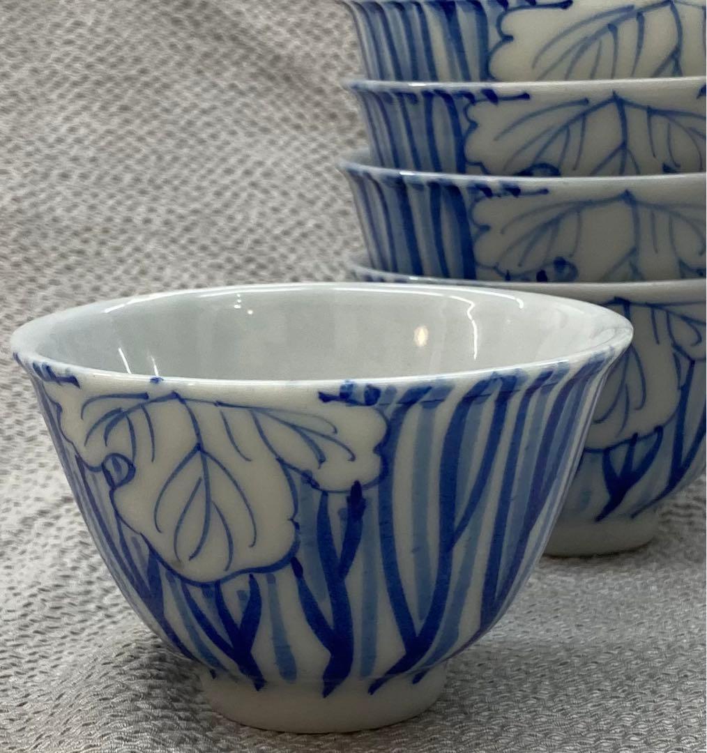 B151s  染付一葉煎茶碗　5個　茶道具　瀬戸　骨董　ぐい呑　盃