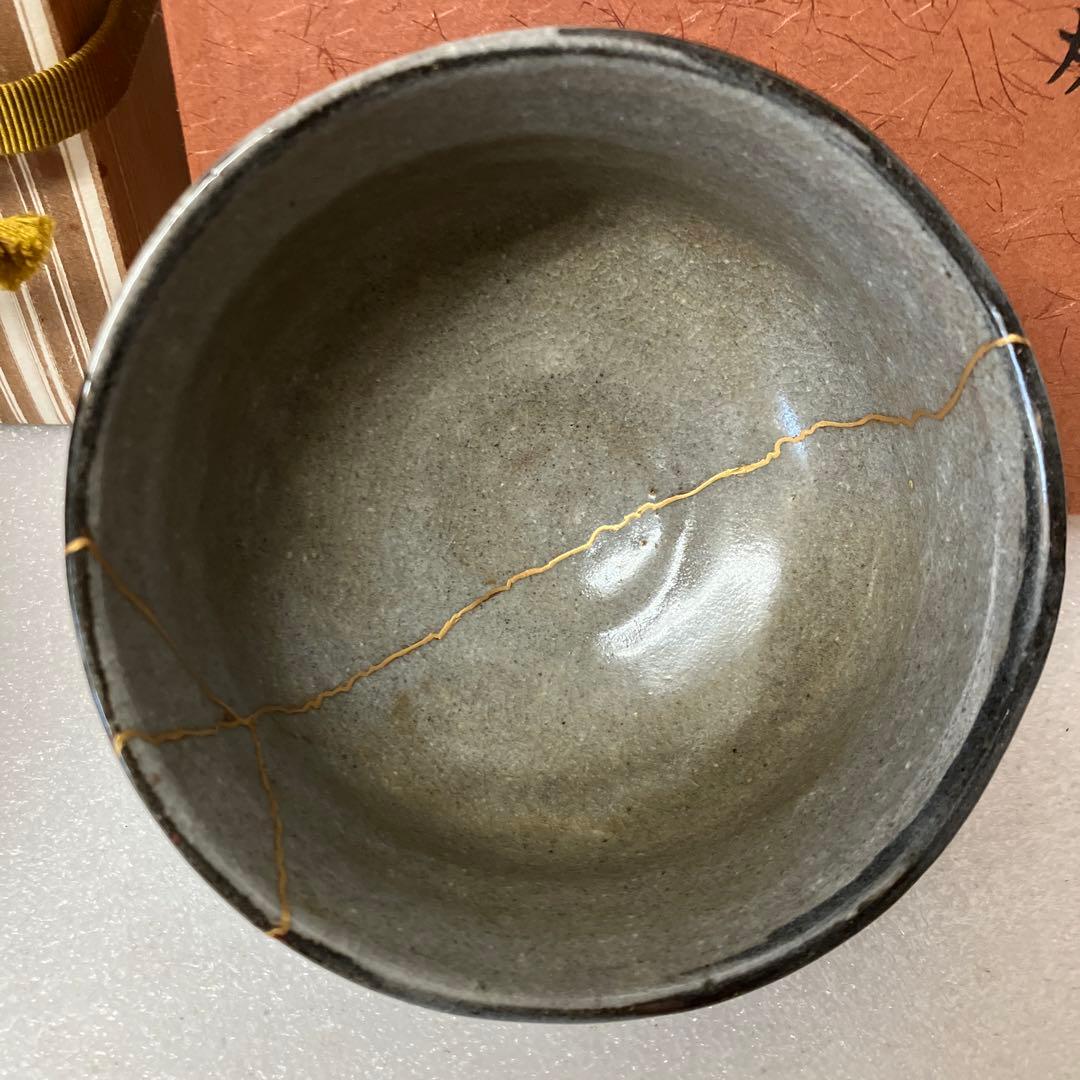 茶道具　茶碗　金継　絵唐津口紅(皮鯨)　夜寒焼　半筒茶碗　共箱　N254EKC