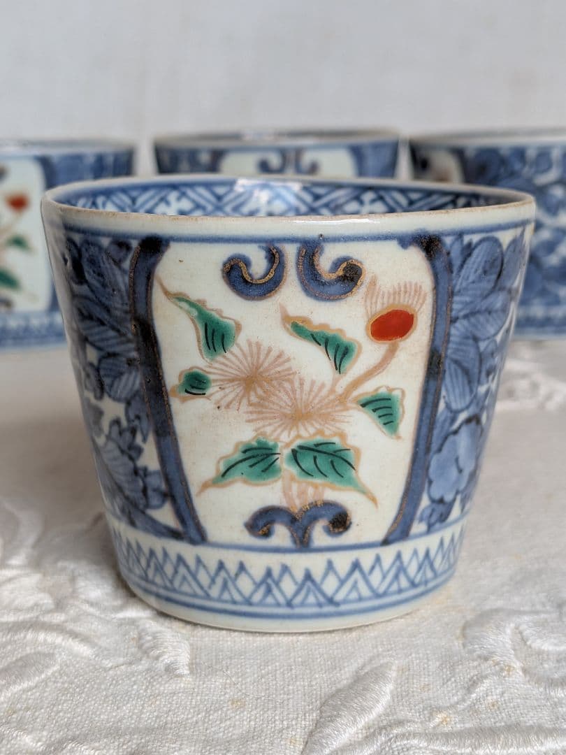 古伊万里 蕎麦猪口 5客セット 色絵染付 金彩アザミ図 江戸中期