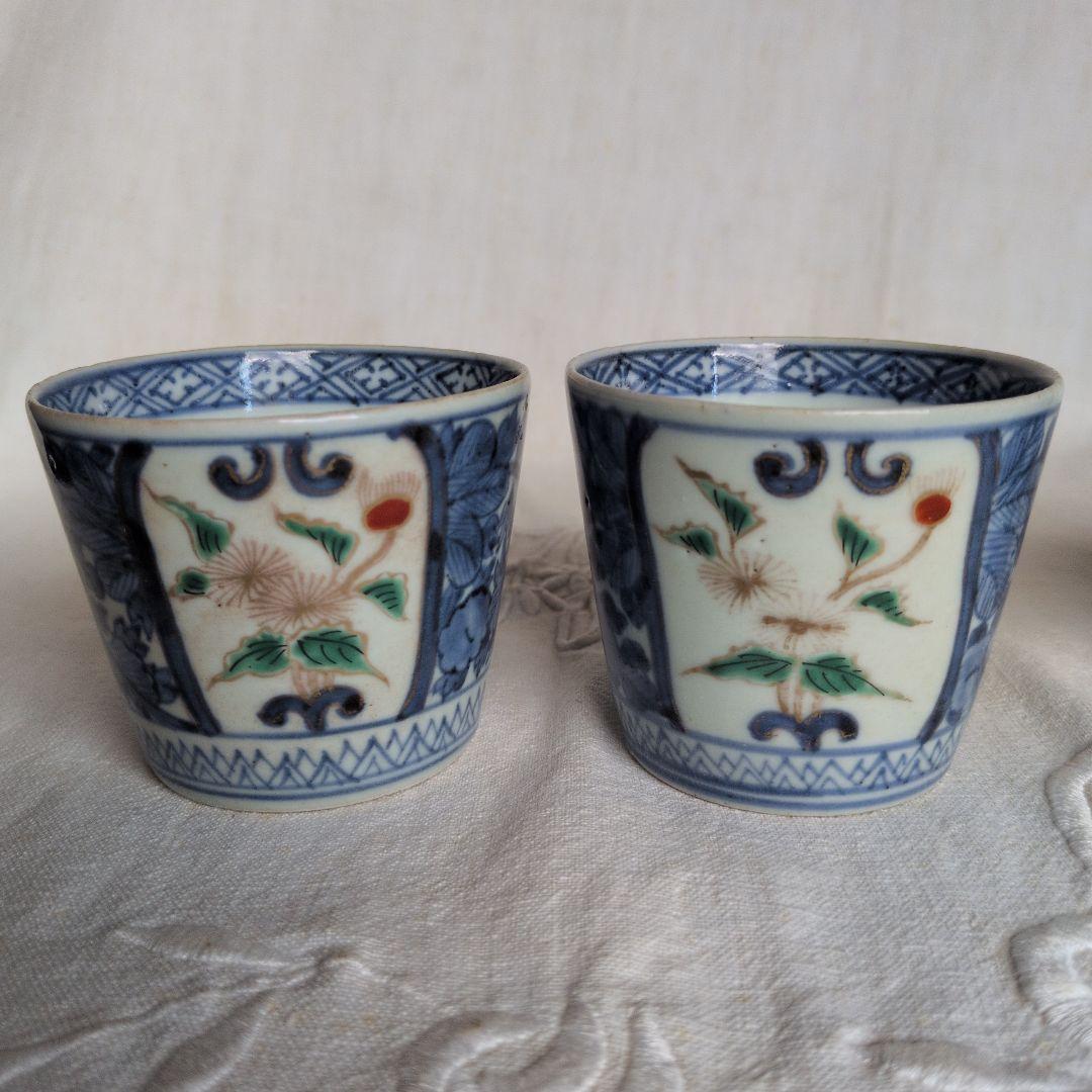 古伊万里 蕎麦猪口 5客セット 色絵染付 金彩アザミ図 江戸中期