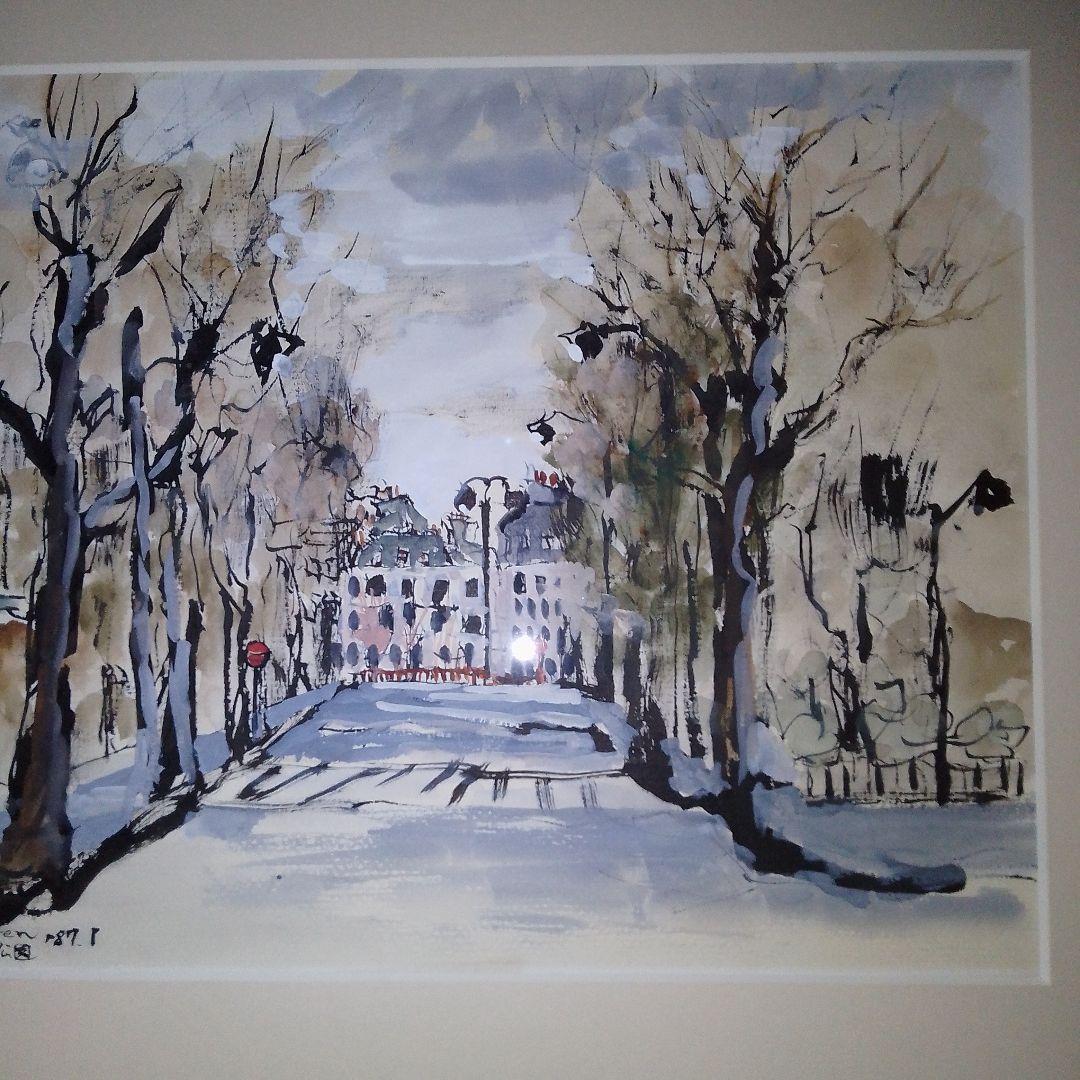 森下一夫 画伯作 ［AV de Suffren］ 水彩 木製ガラス額縁付［真作］