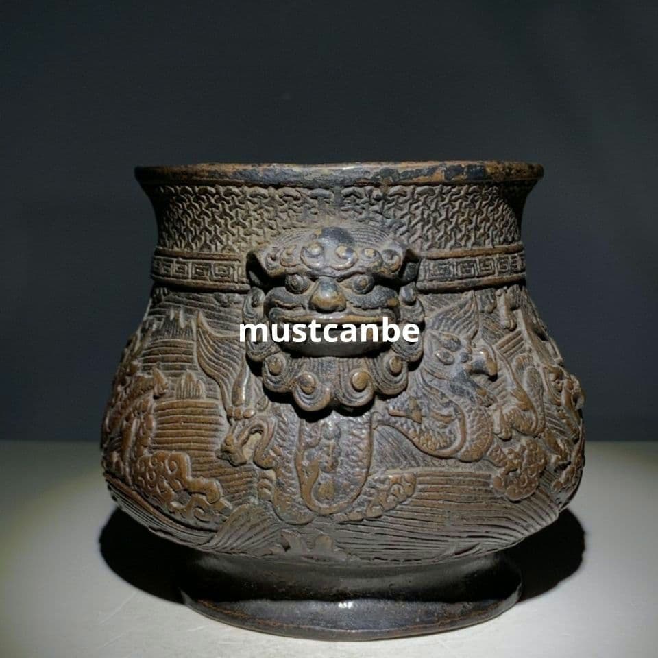香炉 浮彫り竜紋獣耳香炉 挿し香炉 銅製品 工芸品 置物