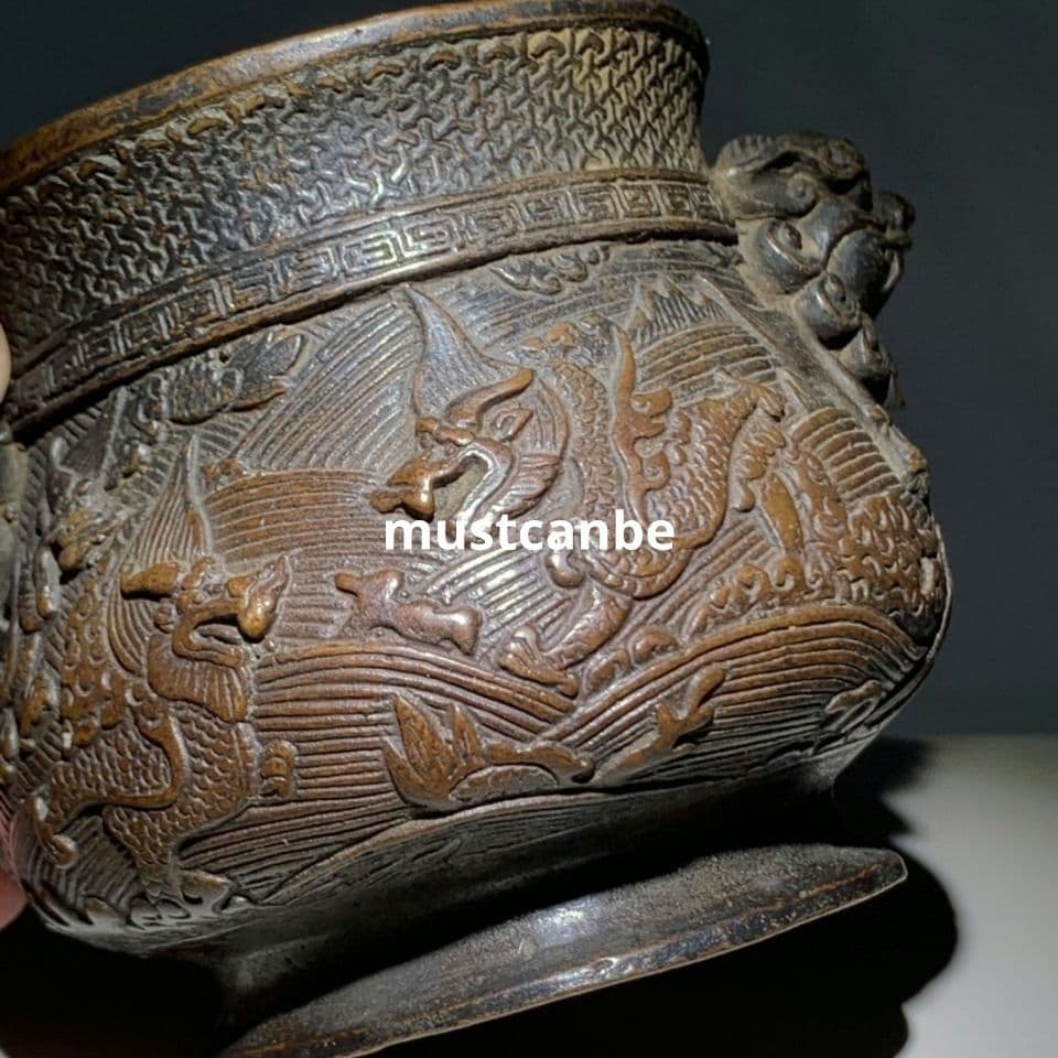 香炉 浮彫り竜紋獣耳香炉 挿し香炉 銅製品 工芸品 置物