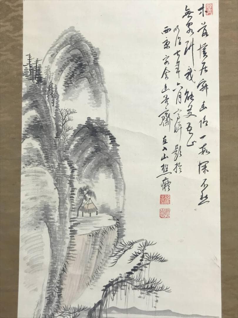 【真作】田能村直入/山水漁舟画賛/山水図/掛軸/名家伝来/AD-125