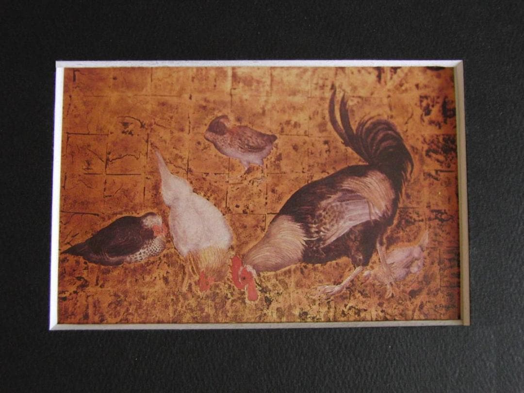 藤田嗣治、「Coqs et poules」、希少画集の額装画、人気作品