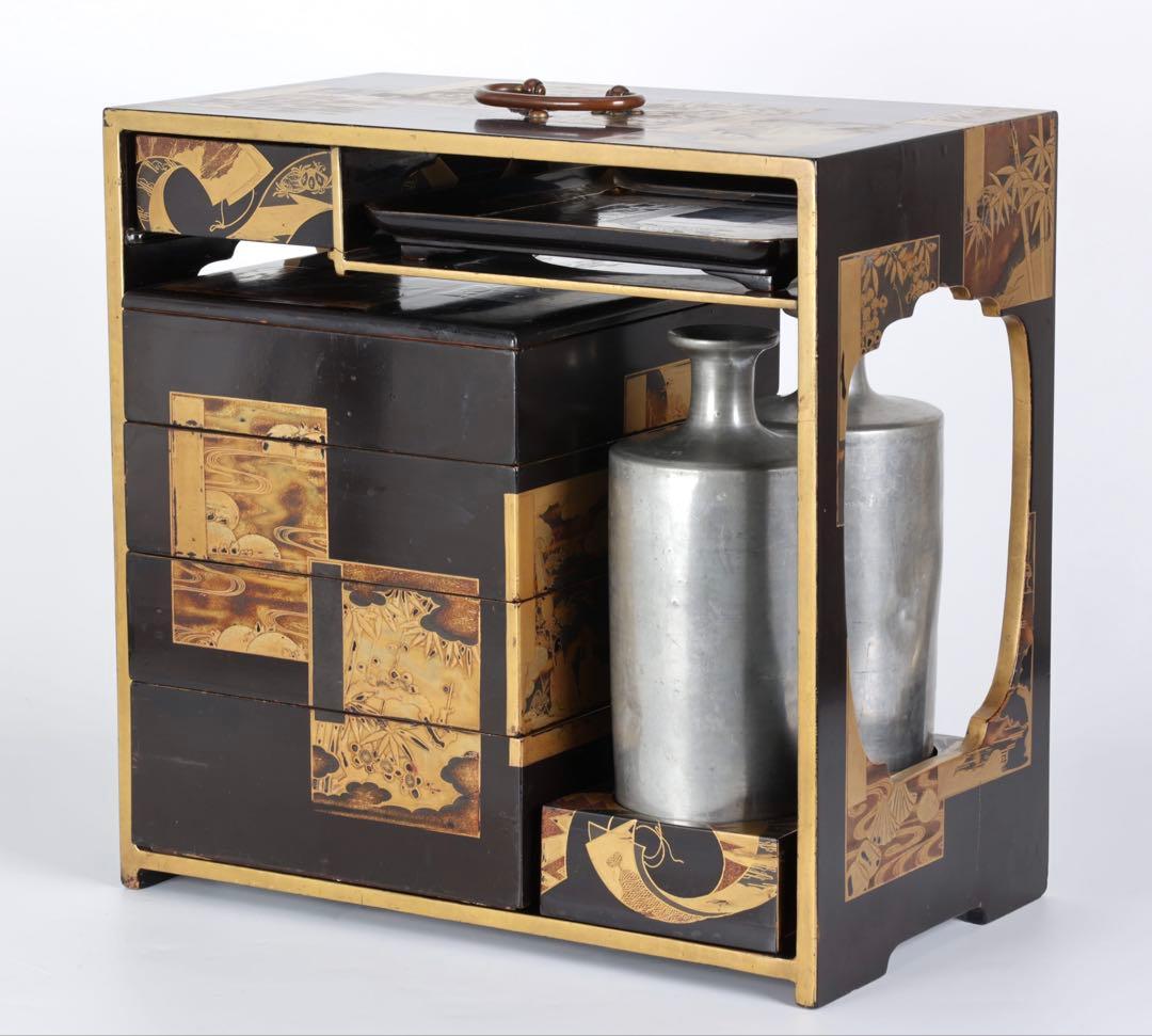 漆塗金蒔絵 野弁当 野点 花見重 重箱 錫製徳利 台付 骨董 古美術漆器　漆