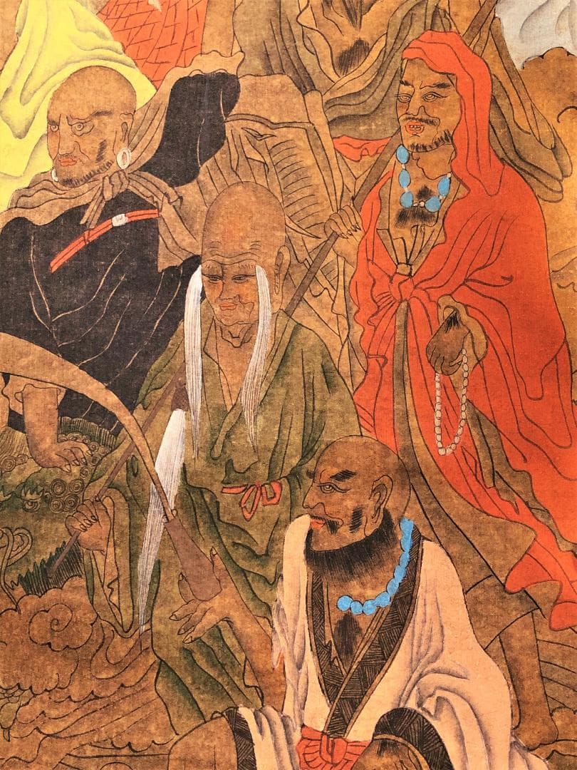 【 雲龍十八羅漢圖　孟元 繪 】　１９世紀　肉筆紙本　軸装192×82ｃｍ