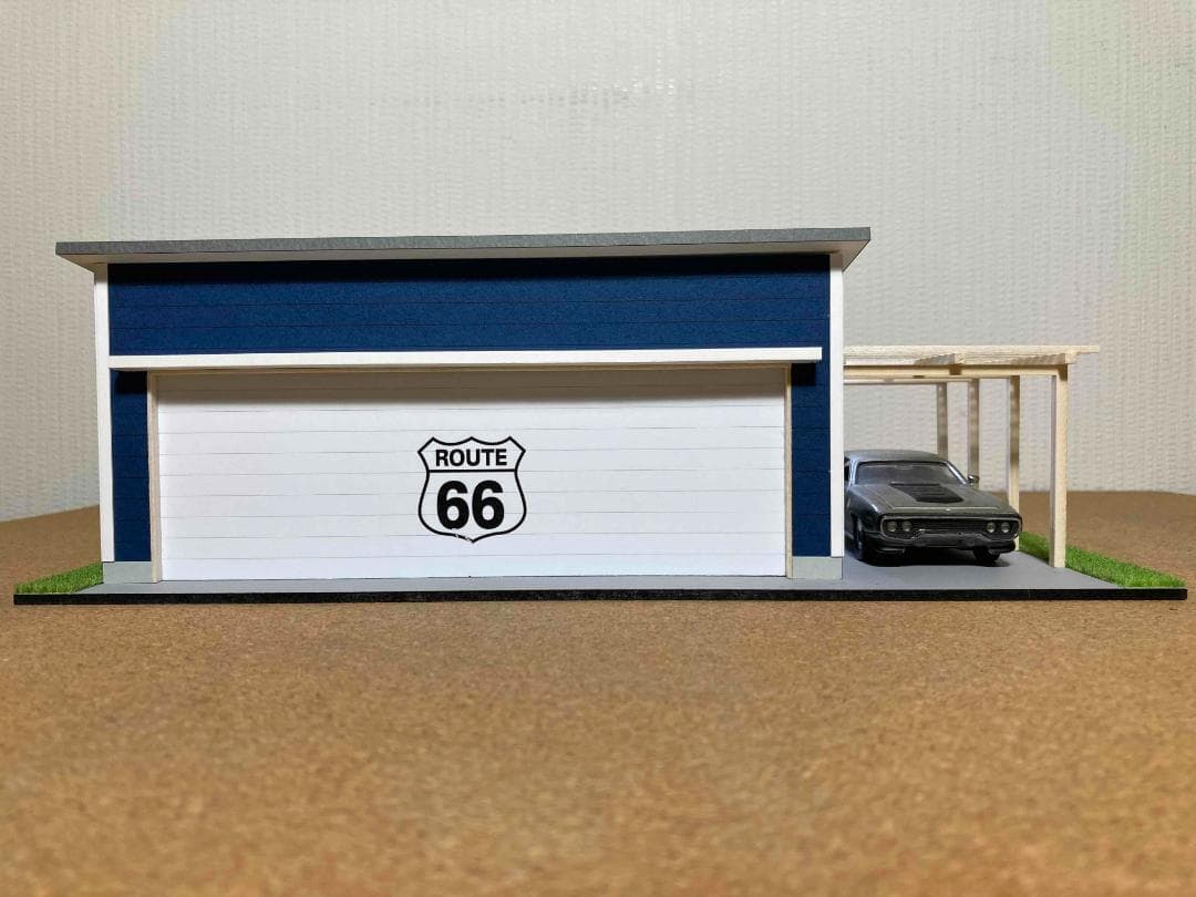 ミニカー用ジオラマ：1/43 木造パーゴラ付ガレージ（ダークブルー）ミラー貼り