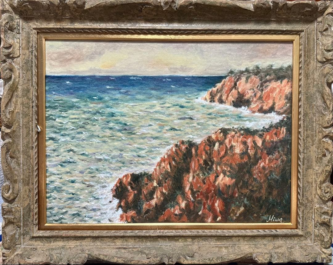 ロスアンゼルスにて　海の風景 三輪作 油彩画 P12サイズ板に油彩画　0918