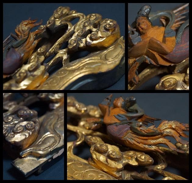 江戸末期一刀彫り高浮彫『天女飛天図』 木造彩漆金箔 木彫欄間飾り置物 オブジェ