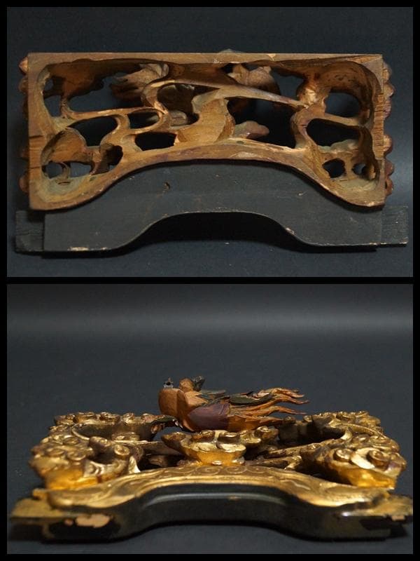 江戸末期一刀彫り高浮彫『天女飛天図』 木造彩漆金箔 木彫欄間飾り置物 オブジェ