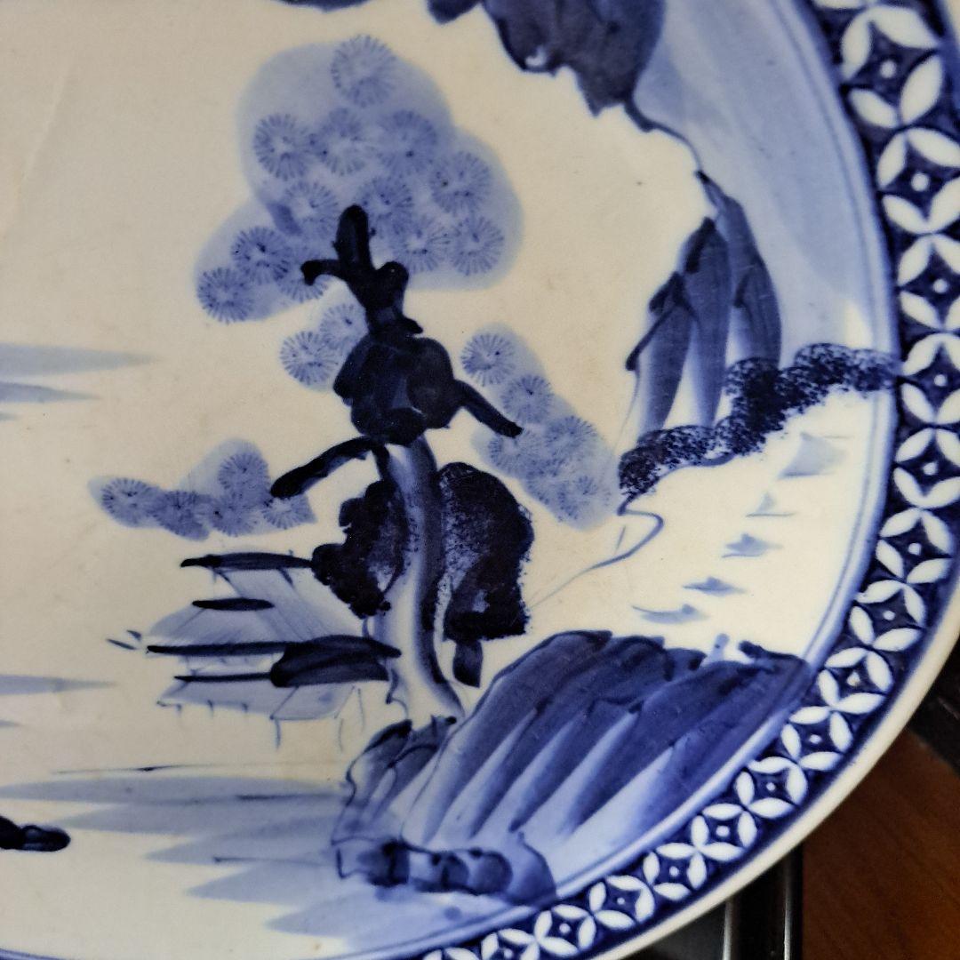 江戸初期　呉須　古伊万里　極上　七宝　楼閣山水図　角渦福　大皿