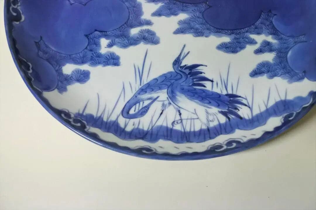 江戸後期　伊万里　染付　雲　鶴　松　大皿　飾皿　骨董品　アンティーク　i