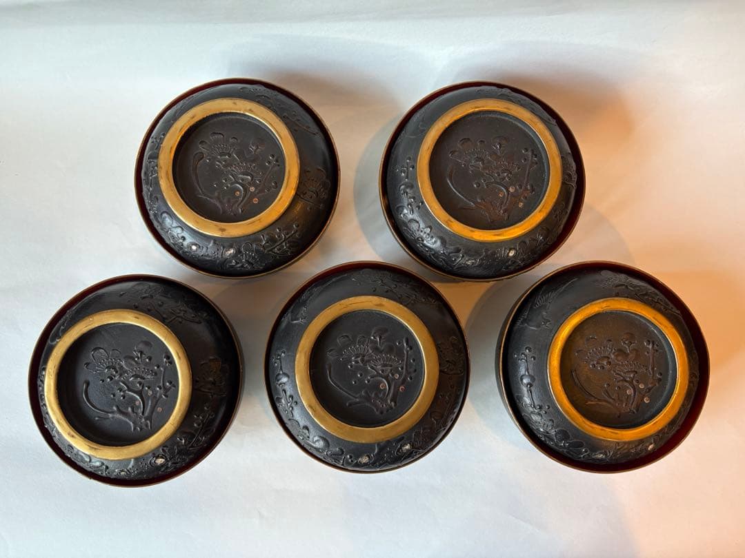 明治　大正期　会津塗　鉄錆塗　蒔絵　富士山　木製　蓋付き　お椀　梅鶯　内朱　5客