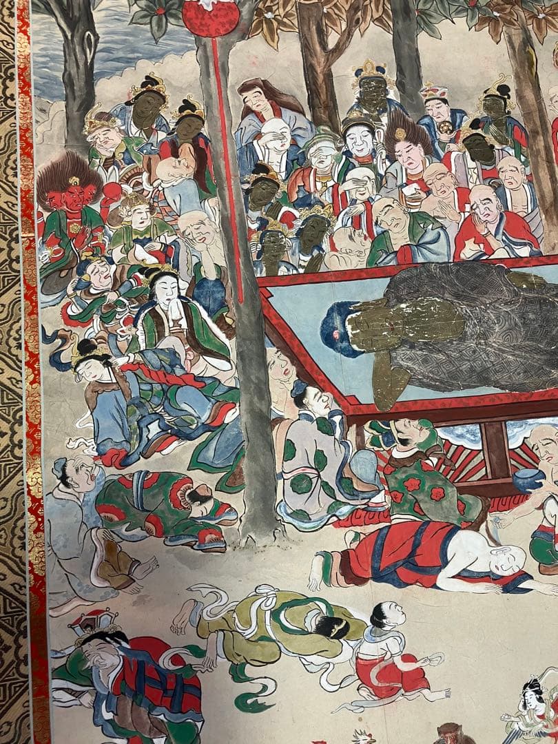 掛軸 釈迦涅槃図 大幅軸 紙本 彩色 仏画 仏教美術 年代物 時代物 合箱