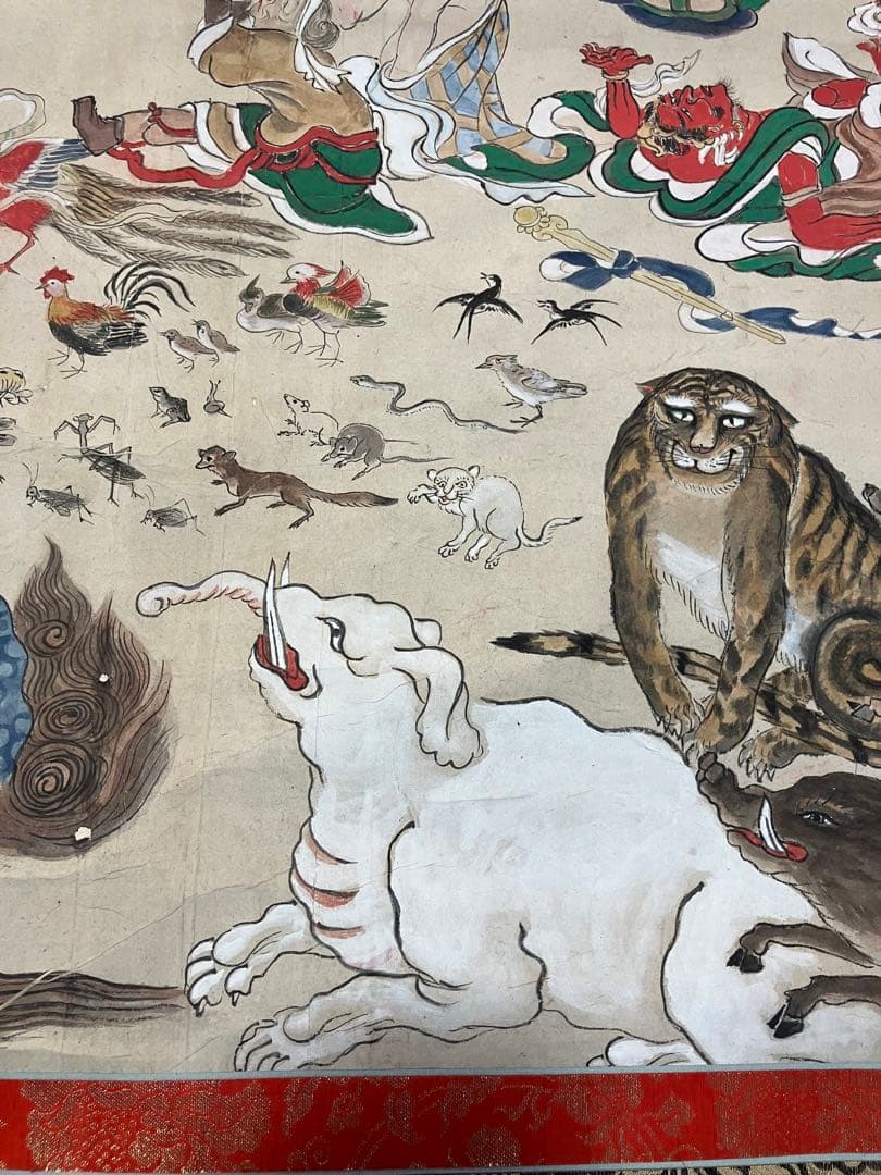 掛軸 釈迦涅槃図 大幅軸 紙本 彩色 仏画 仏教美術 年代物 時代物 合箱