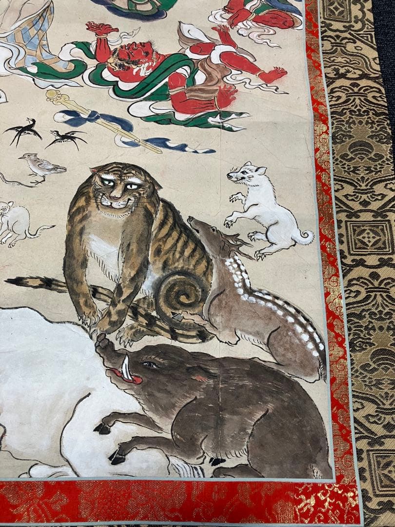 掛軸 釈迦涅槃図 大幅軸 紙本 彩色 仏画 仏教美術 年代物 時代物 合箱