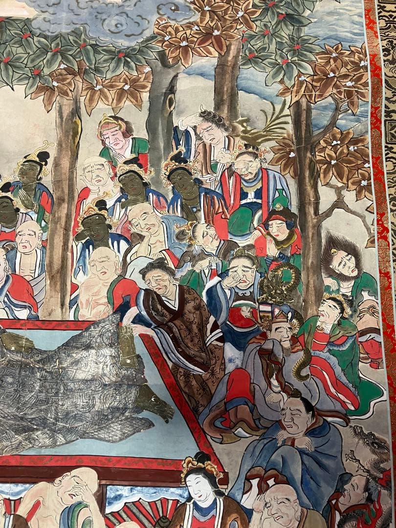 掛軸 釈迦涅槃図 大幅軸 紙本 彩色 仏画 仏教美術 年代物 時代物 合箱
