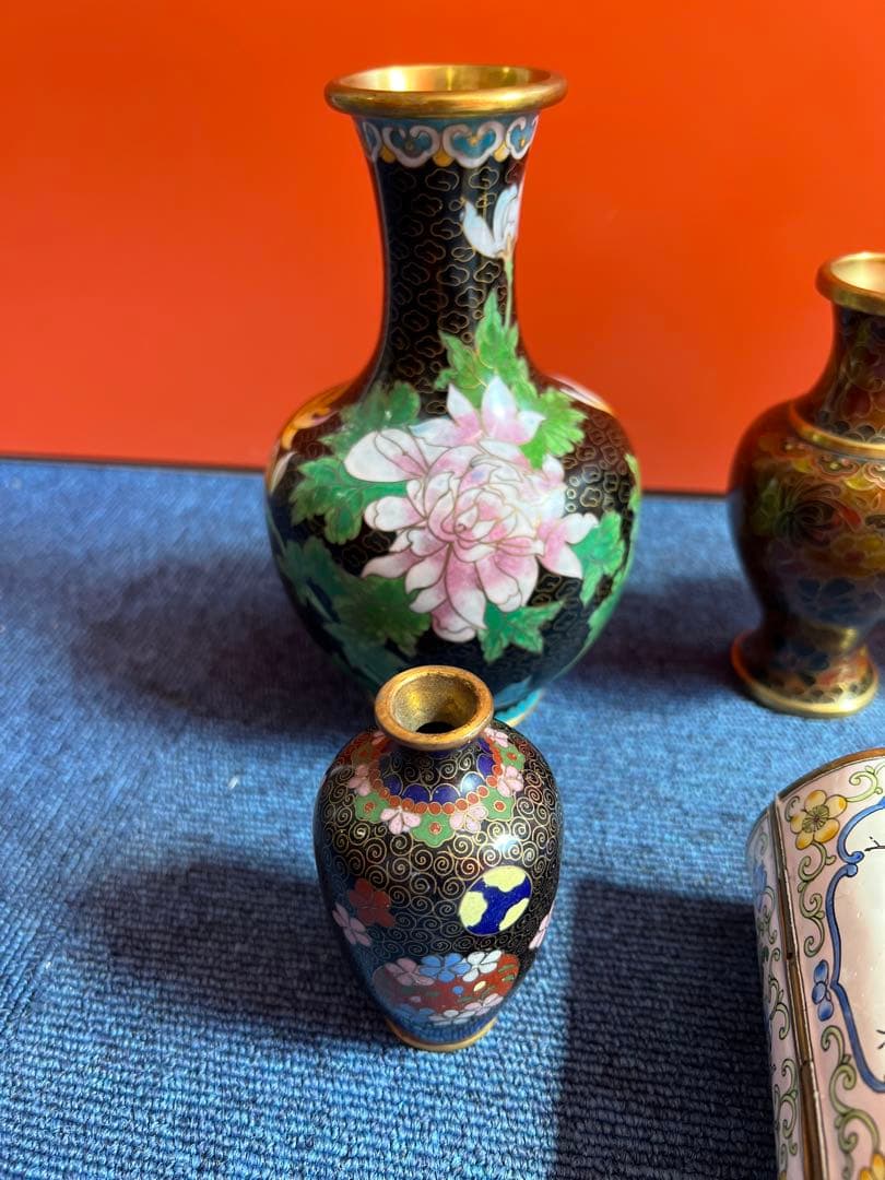 1012  中国　景泰藍　七宝　琺瑯　急須1   花瓶4  小物入れ1  時代物