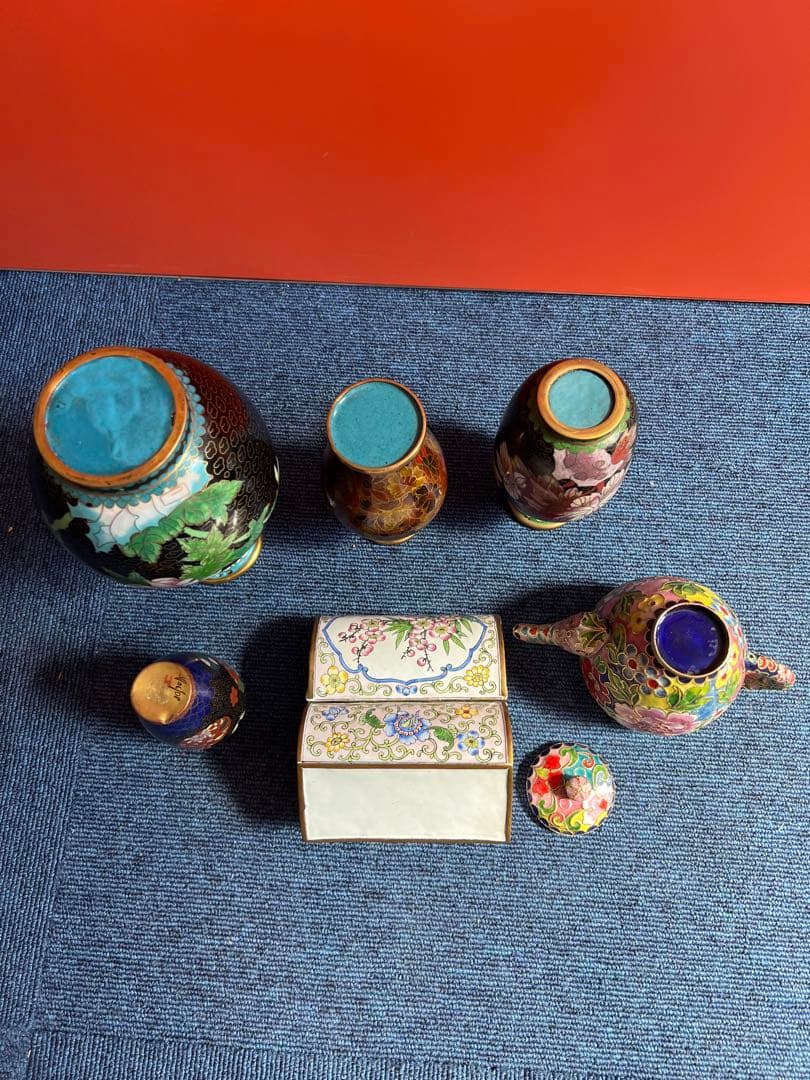 1012  中国　景泰藍　七宝　琺瑯　急須1   花瓶4  小物入れ1  時代物