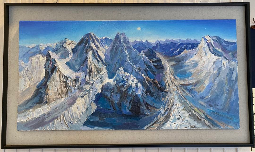 山岳風景 油彩画 黒フレーム付き