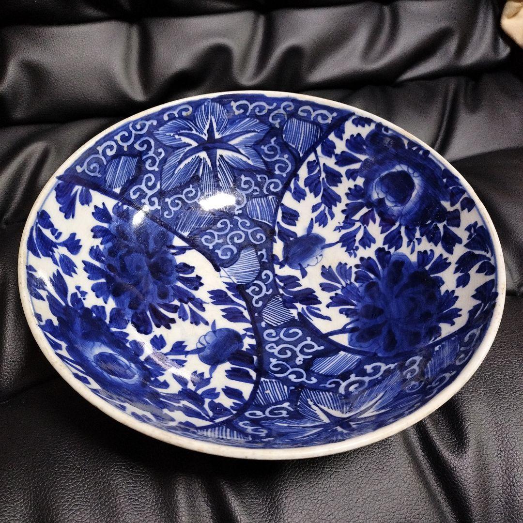 古砥部 共箱 明治初期 染付花文印深鉢 古美術 骨董