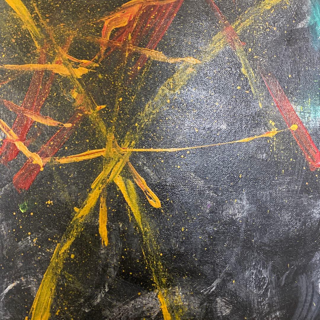 抽象アクリル画 黒地 赤 黄