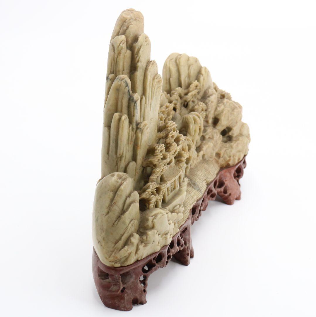 中国 寿山石楼閣山水雕 床飾 置物 彫刻　V306　KZ