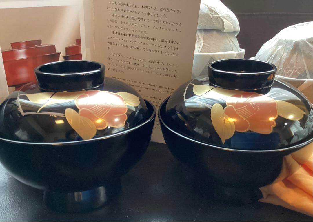 天然木　越前塗　越前漆器　吸物椀５客　手書き椿金蒔絵　本漆塗り　森下漆器　未使用