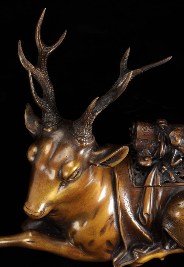 金工師 宗信造 蝋型鋳造 銅製 鹿 香炉 共箱 細密彫刻 置物 古美術品 骨董品