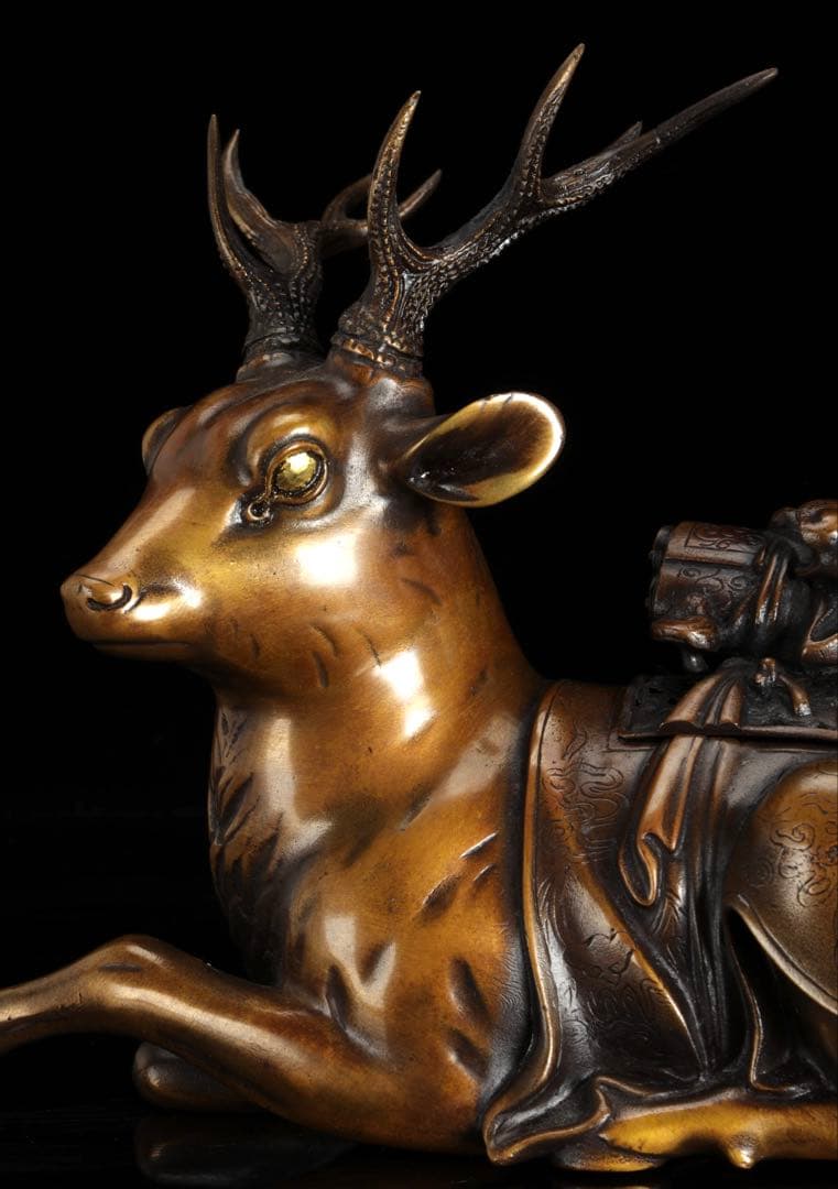 金工師 宗信造 蝋型鋳造 銅製 鹿 香炉 共箱 細密彫刻 置物 古美術品 骨董品