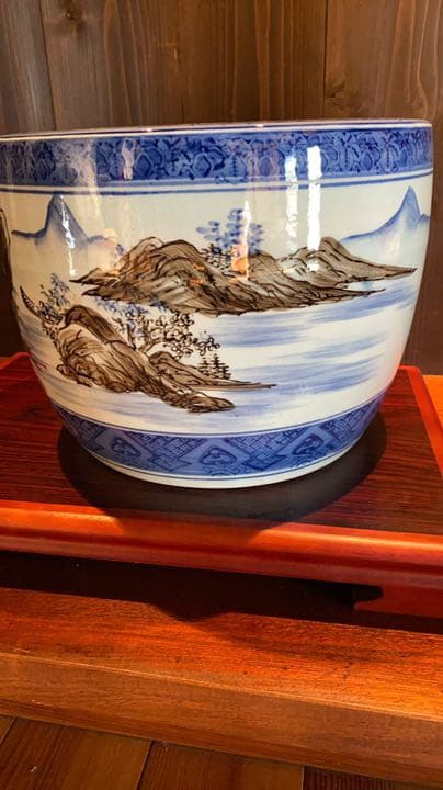 古物　火鉢　瀬戸火鉢　メダカ鉢　山水画　染付