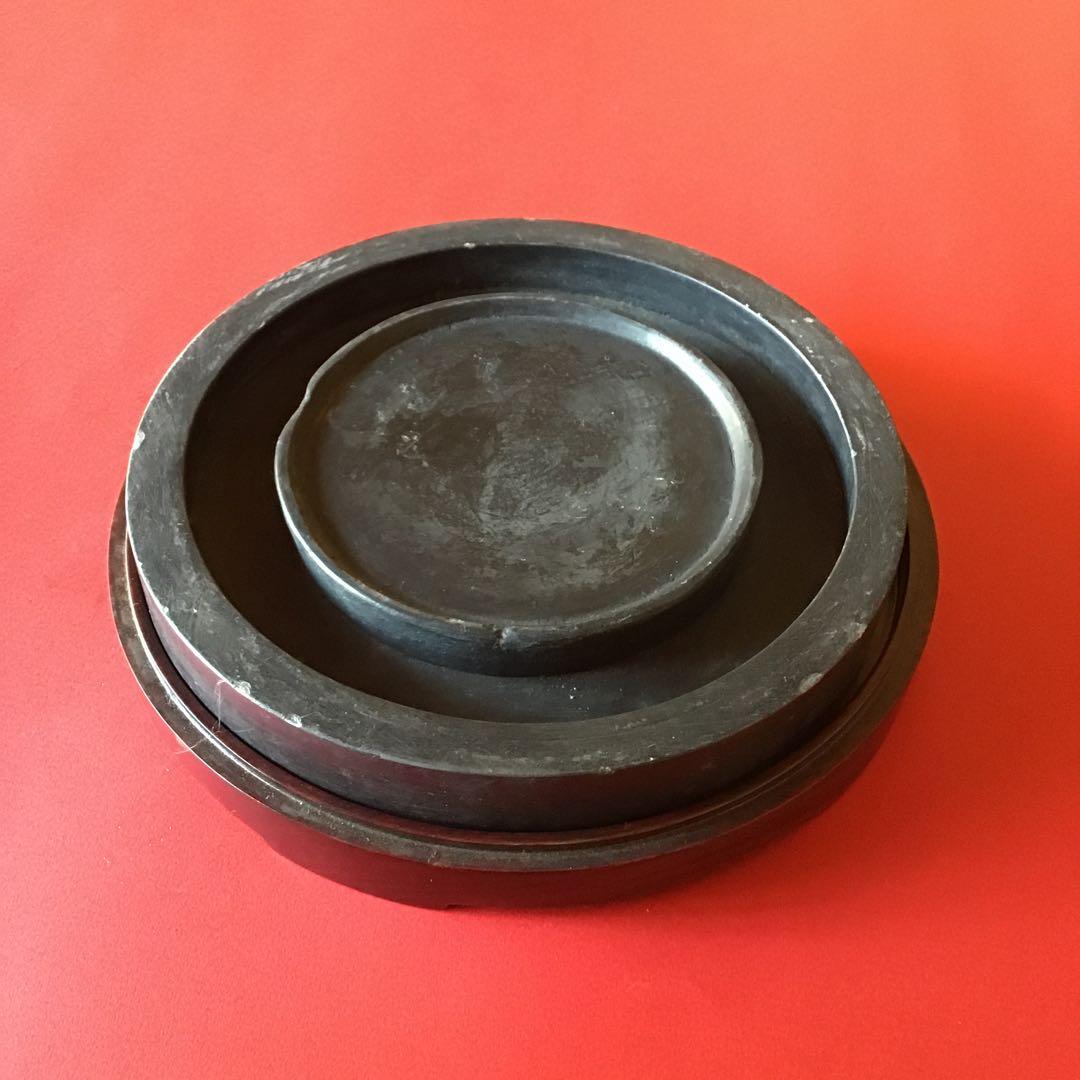 古丸型硯　紫檀材質丸箱