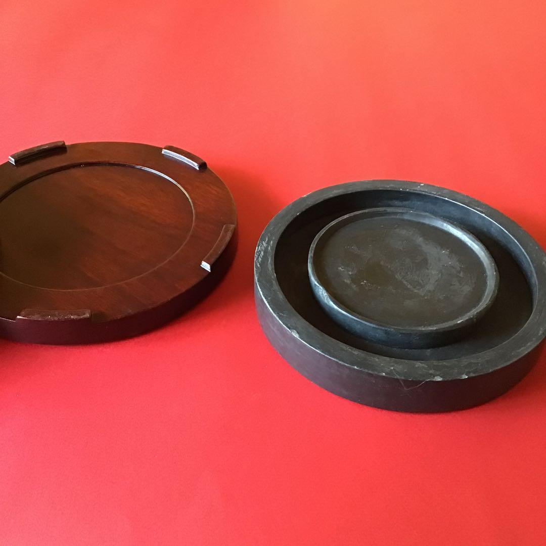 古丸型硯　紫檀材質丸箱