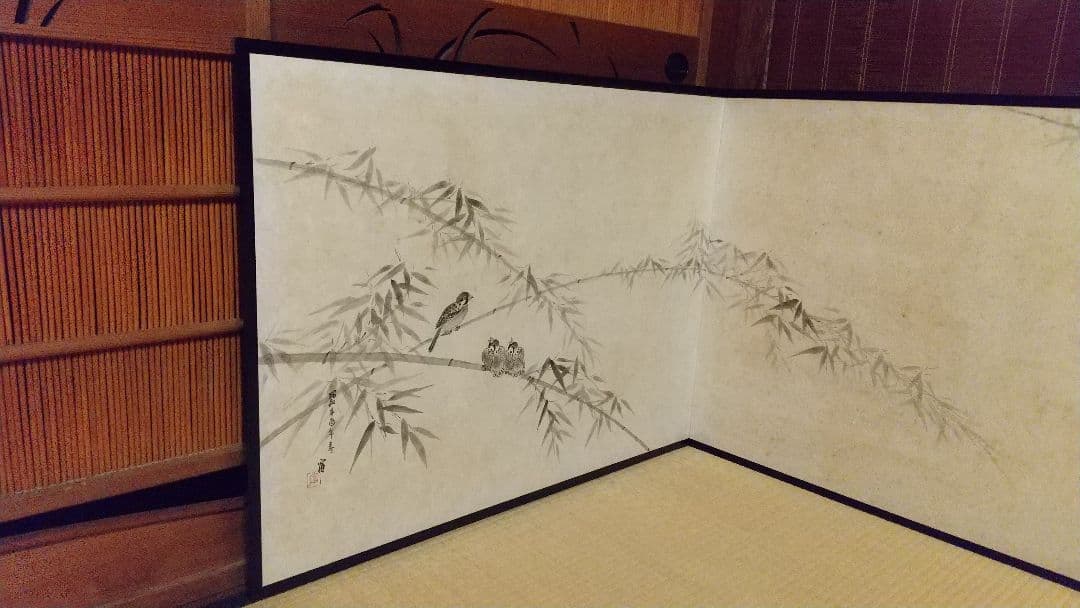 風炉先屏風 ！木賊に鶺鴒 裏は墨絵 竹に雀 リバーシブル 表裏使えます！