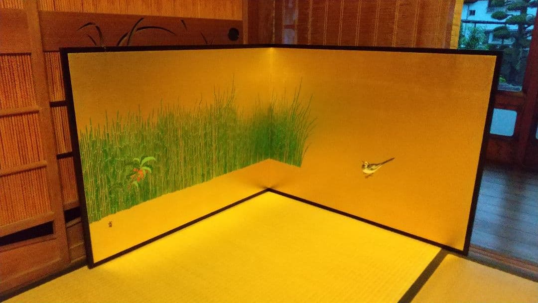 風炉先屏風 ！木賊に鶺鴒 裏は墨絵 竹に雀 リバーシブル 表裏使えます！